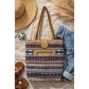 Vintage Southwestern Woven Tote Bag Aztec Tribal Print Tan Faux Leather Boho
